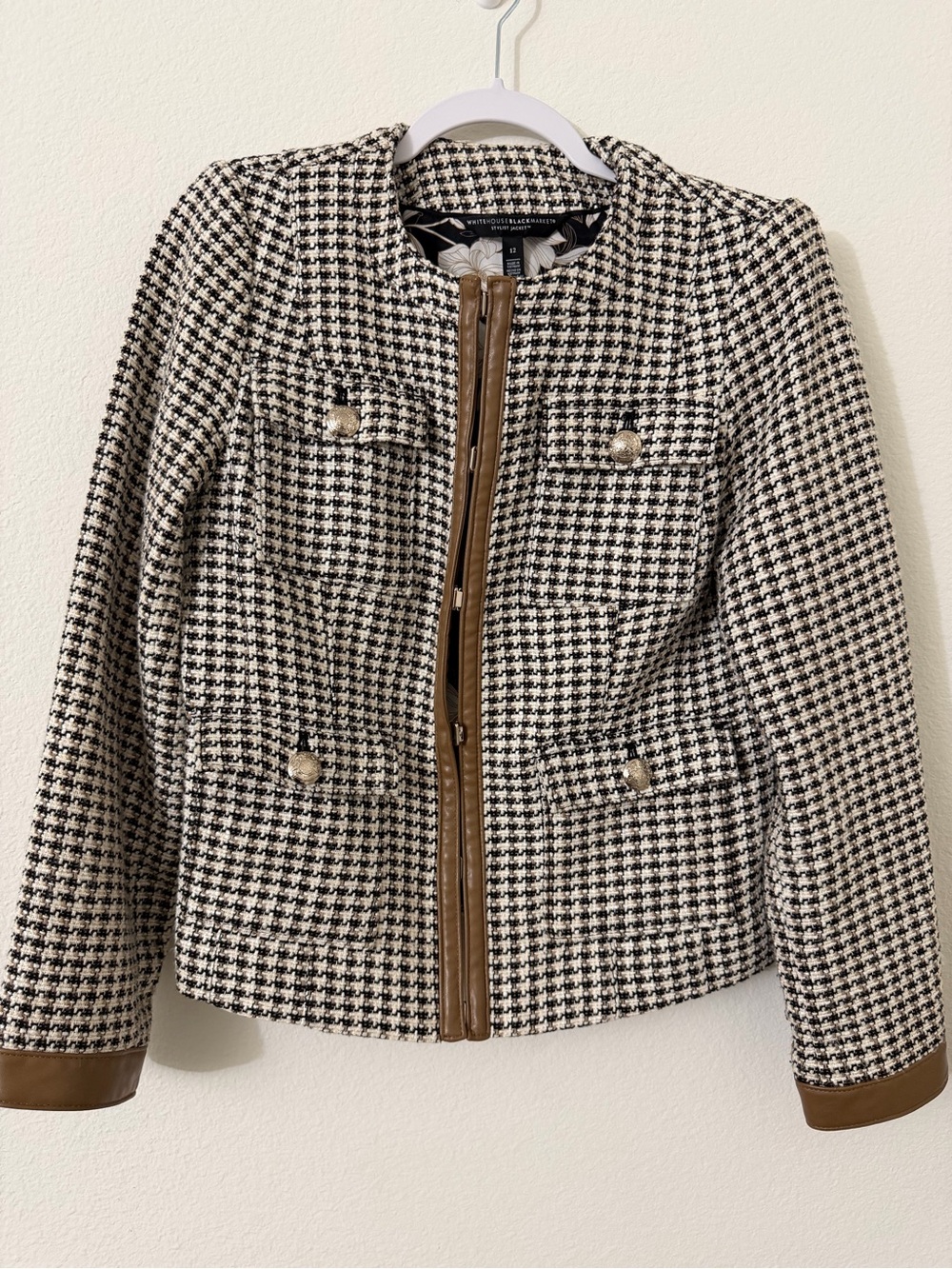 White House Black Market Black & White Houndstooth Jacket with Brown Trim